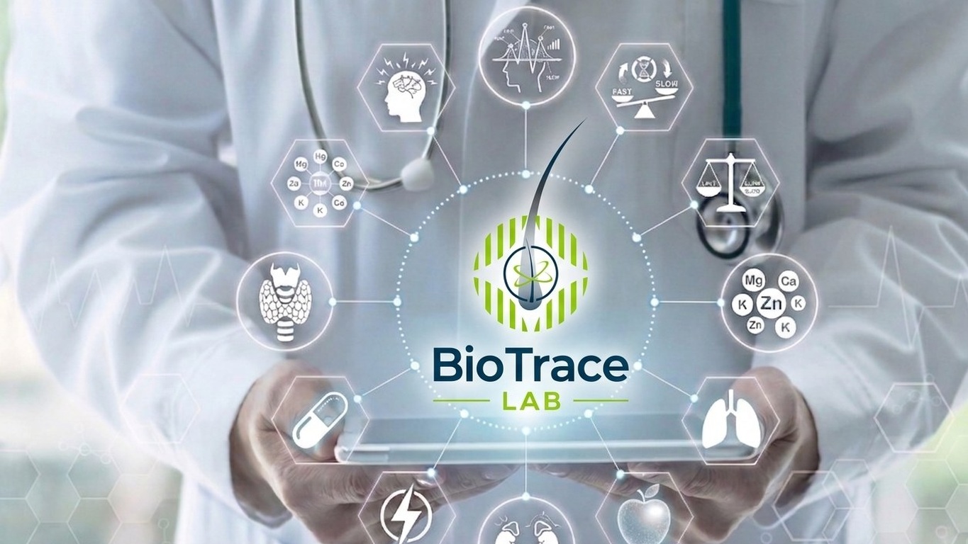 Diagrama del ecosistema BioTrace Lab: el logo en el centro y los sistemas del organismo alrededor